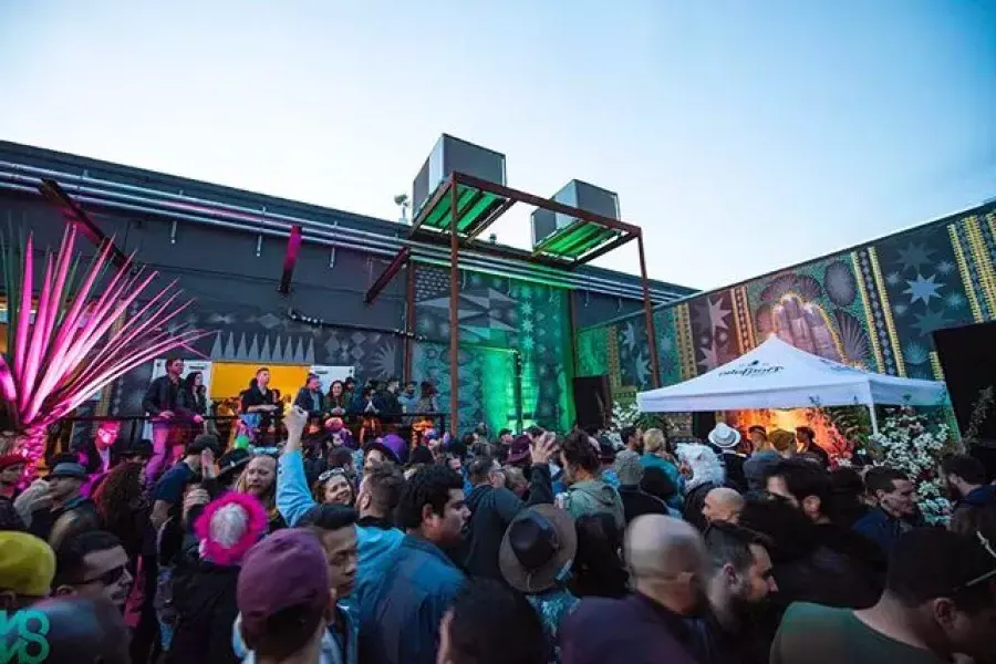 Exterior of a large crowd watching an open-air concert at The Midway.